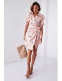 Floral print wrap dress with collar, light orange FG638 - Online store - Boutique